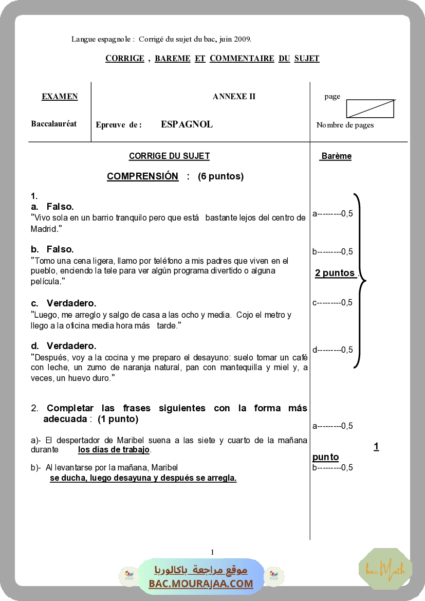 Corrigé principale  Bac 2009 – Section math